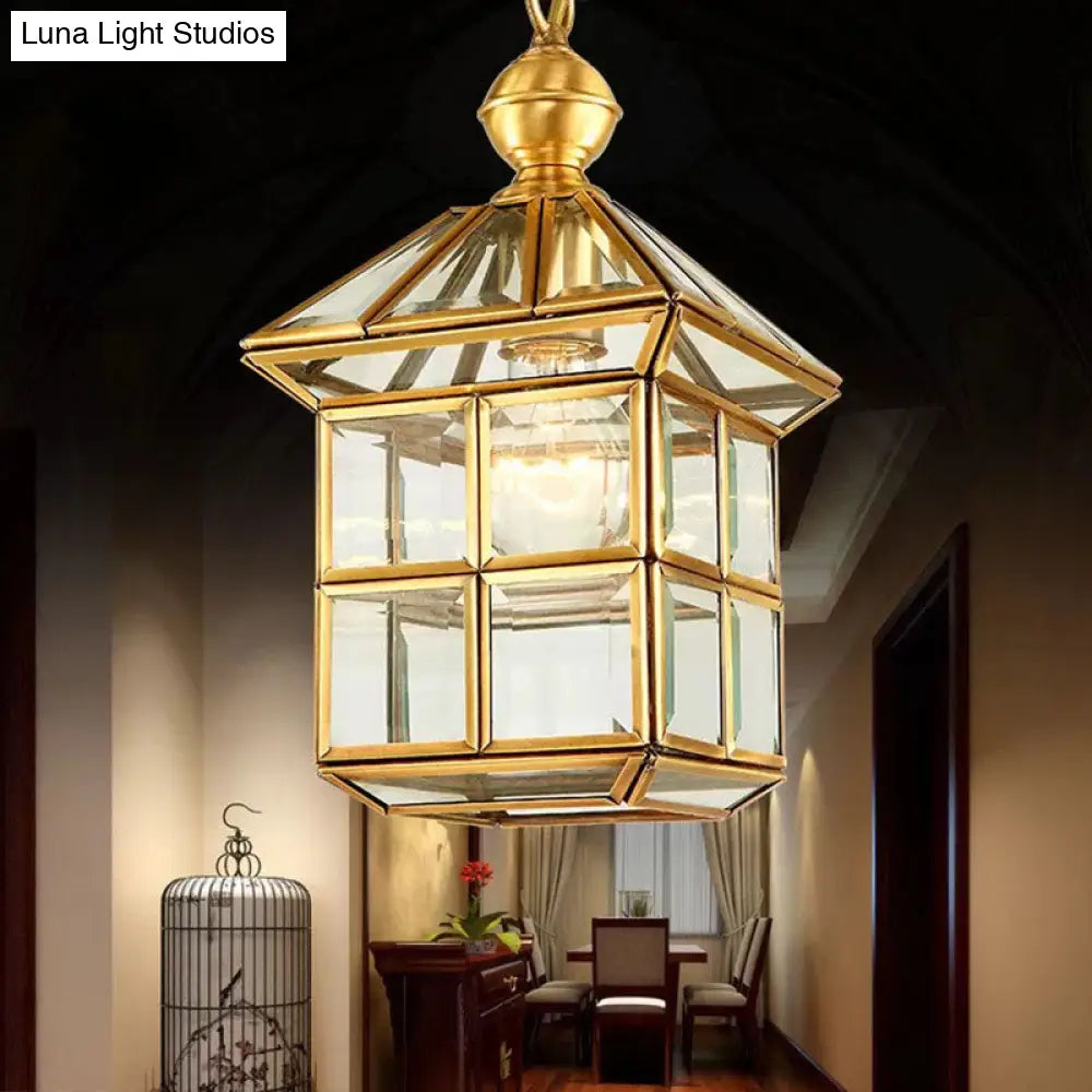 Brass Traditional House Pendant Light - Clear Glass Hanging Lamp For Foyer
