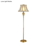 Brass Traditional Stand Up Lamp With Scalloped Glass Shade And Single Bulb Floor Lighting