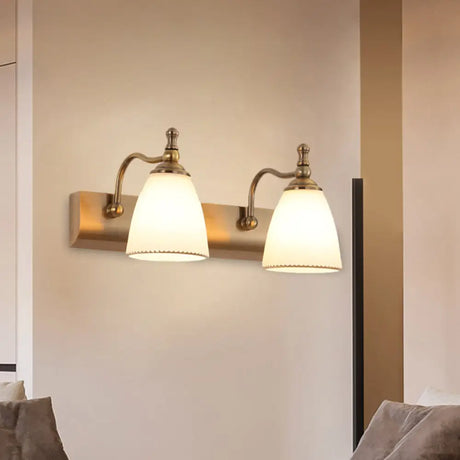 Brass Wall Mount Lamp - Cottage Bell Shape Frosted Glass Vanity Light Fixture With 1/2-Bulb 2 /