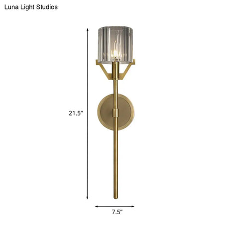 Brass Wall Sconce With Clear Crystal Block Cylinder And Pencil Arm