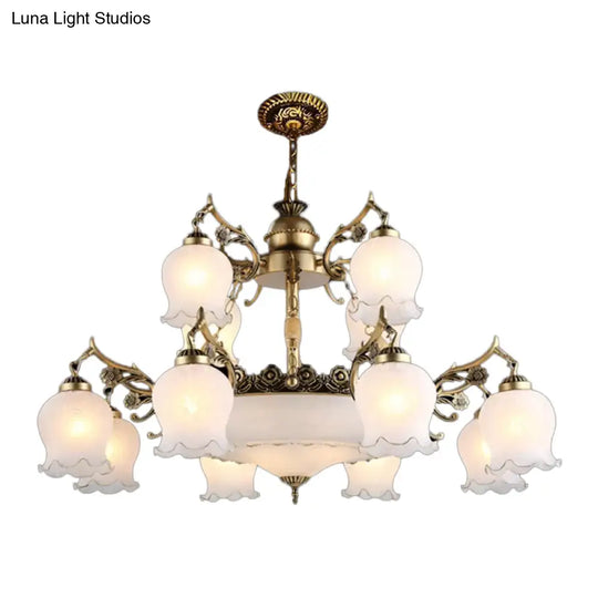 Rustic Bronze Chandelier With 15 Lights And Opal Glass Flowerbud Design - Perfect For Restaurants
