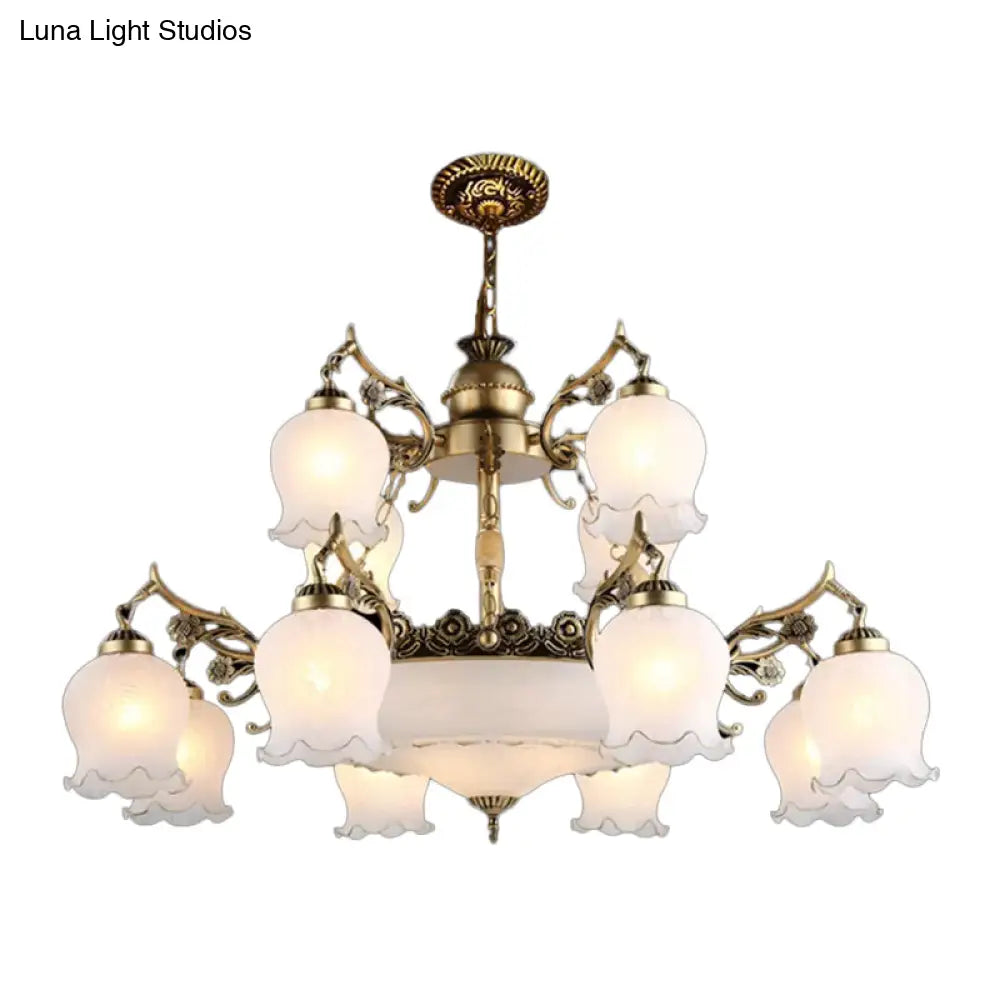 Rustic Bronze Chandelier With 15 Lights And Opal Glass Flowerbud Design - Perfect For Restaurants