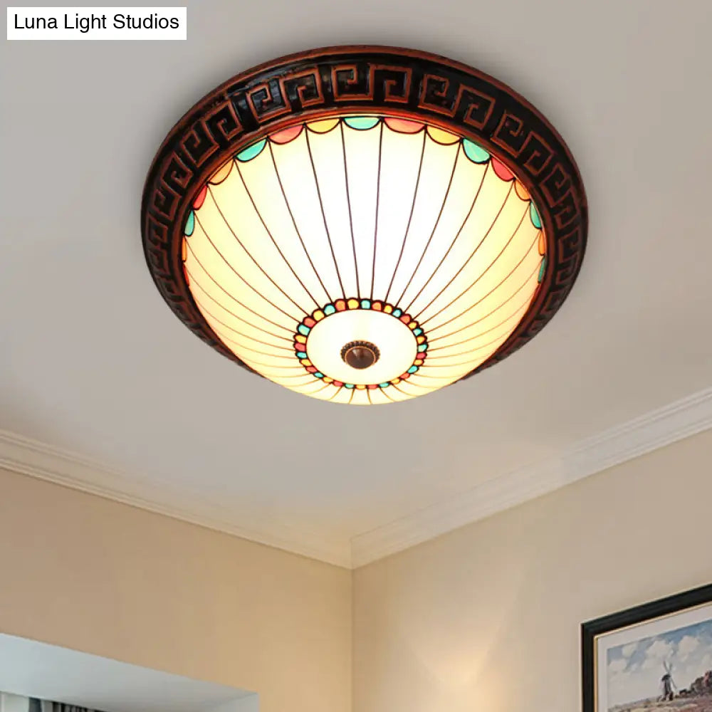 Bronze 2 - Bulb Baroque White Glass Dome Ceiling Flush Mount With Scalloped Edge