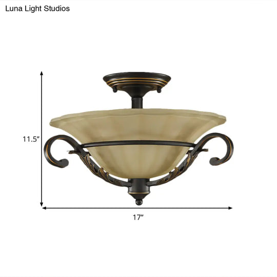 Bronze Bell Shaped Flush Lamp With Ribbed Opal Glass – 3 - Head Corridor Ceiling Light