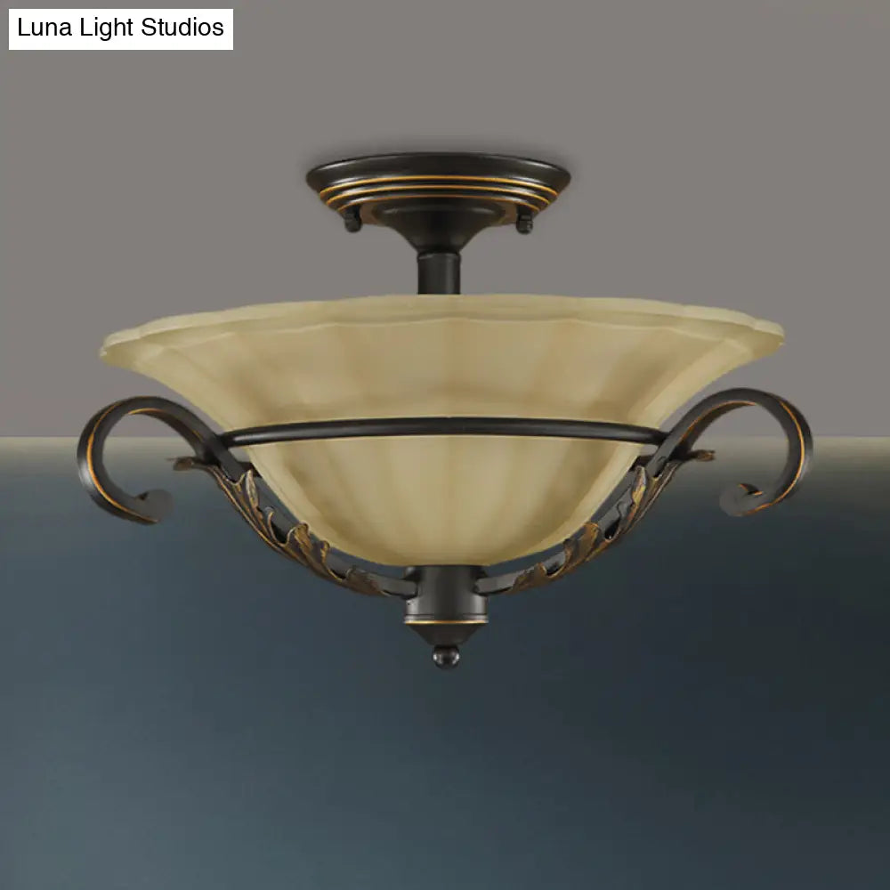 3-Light Countryside Bronze Flush Lamp With Ribbed Opal Glass For Corridors