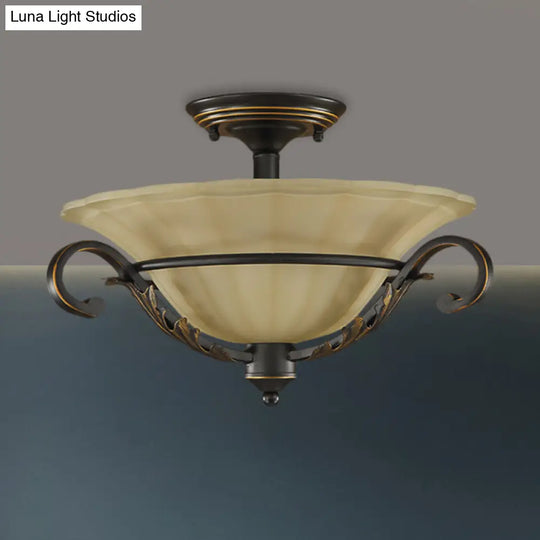 3-Light Countryside Bronze Flush Lamp With Ribbed Opal Glass For Corridors