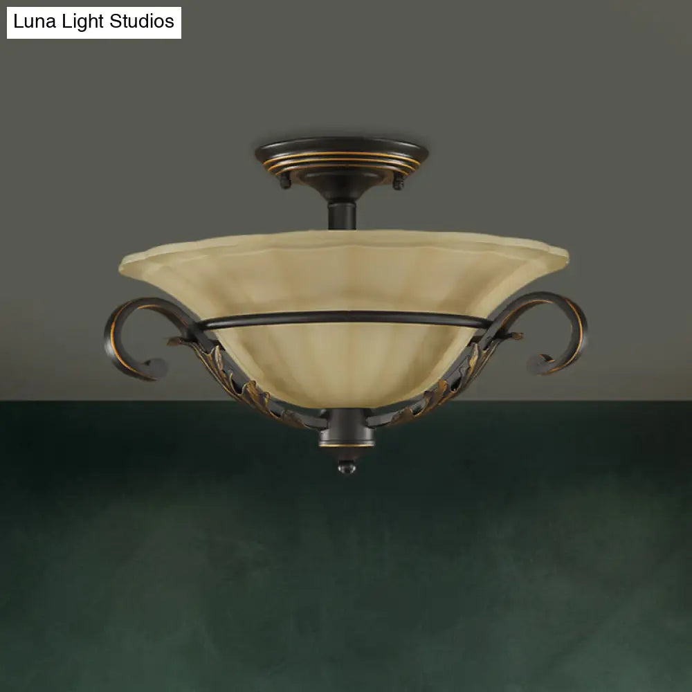 3-Light Countryside Bronze Flush Lamp With Ribbed Opal Glass For Corridors