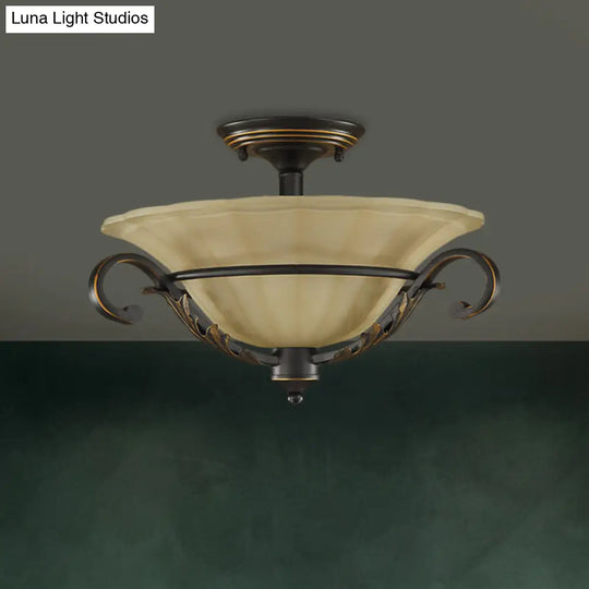3-Light Countryside Bronze Flush Lamp With Ribbed Opal Glass For Corridors