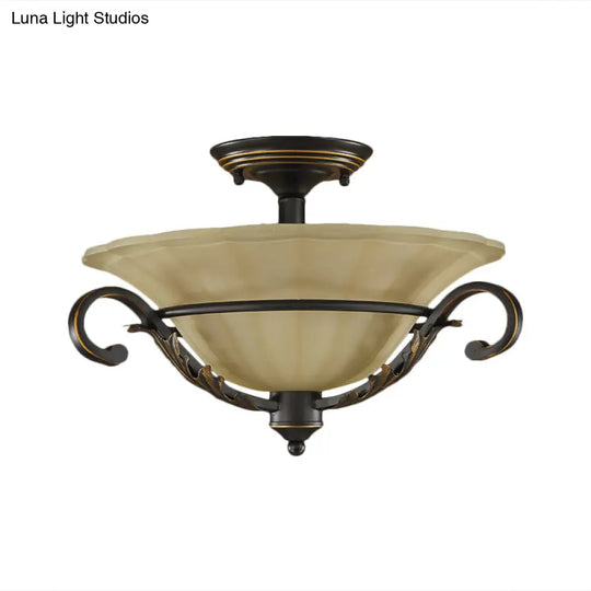 3-Light Countryside Bronze Flush Lamp With Ribbed Opal Glass For Corridors