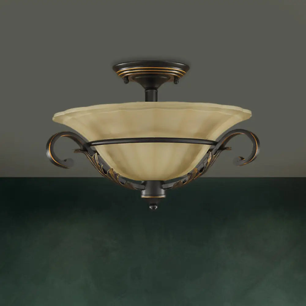 Bronze Bell Shaped Flush Lamp With Ribbed Opal Glass – 3 - Head Corridor Ceiling Light