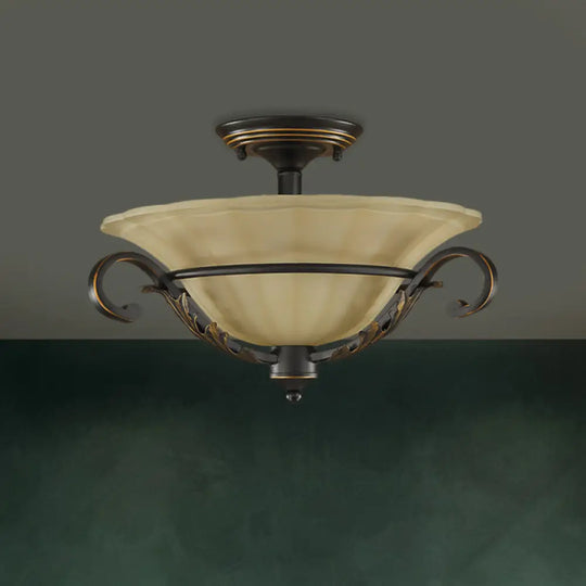 Bronze Bell Shaped Flush Lamp With Ribbed Opal Glass – 3 - Head Corridor Ceiling Light
