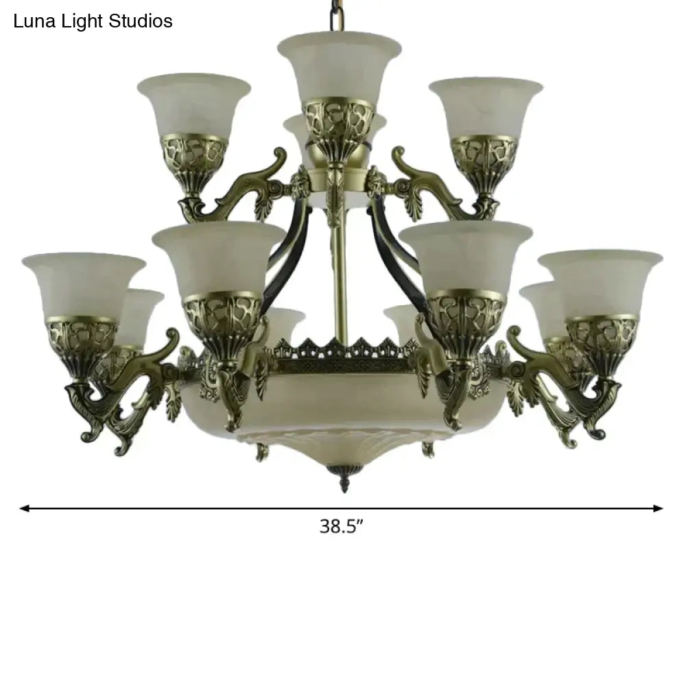 Traditional Opaline Glass Chandelier Light With Bronze Bell Up Design - 15 Bulbs Dining Room Pendant