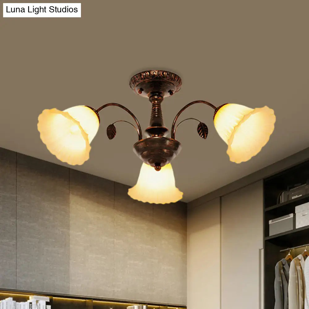 Bronze Countryside Blossom Ceiling Mount Light Fixture With Frosted Glass For Bedroom - 3/5 Lights