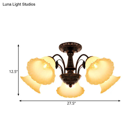 Bronze Countryside Blossom Ceiling Mount Light Fixture With Frosted Glass For Bedroom - 3/5 Lights