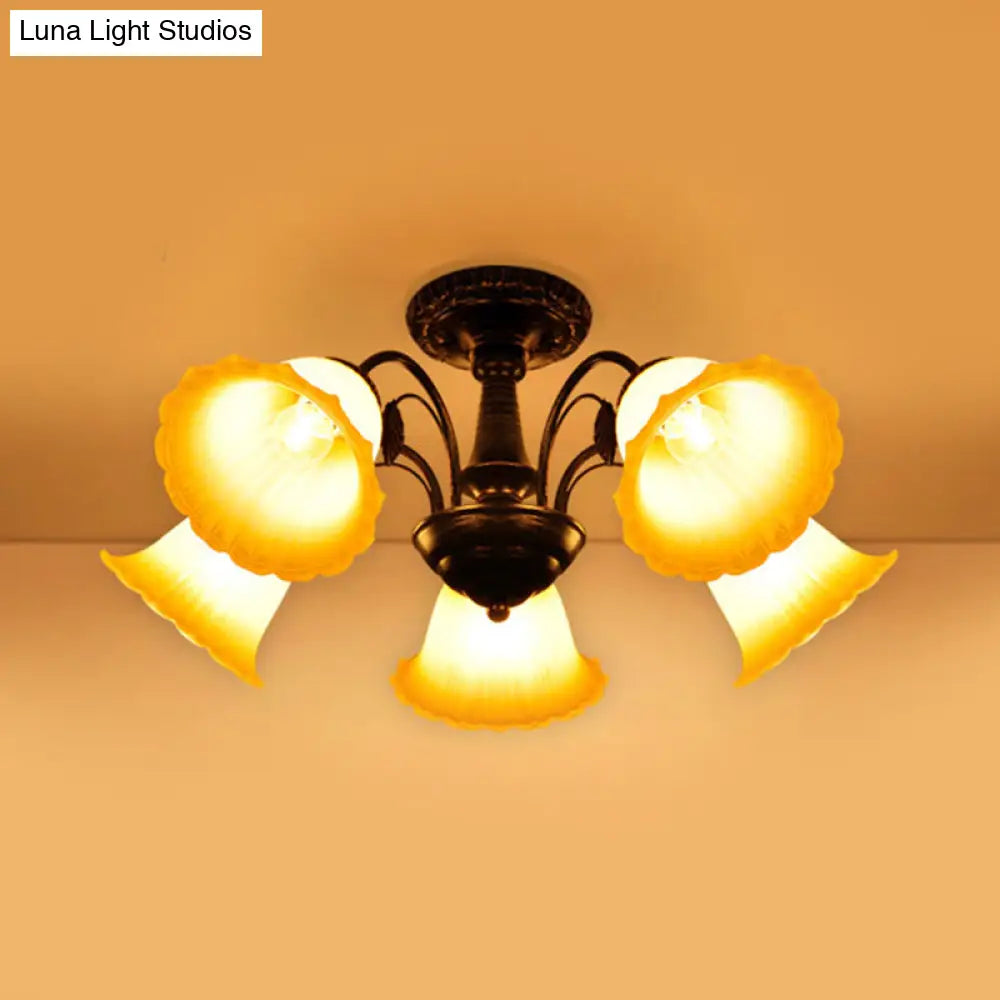 Bronze Countryside Blossom Ceiling Mount Light Fixture With Frosted Glass For Bedroom - 3/5 Lights