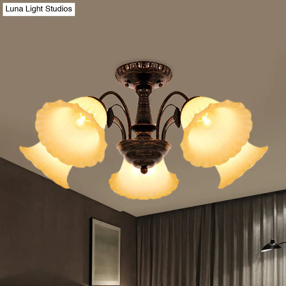 Bronze Countryside Blossom Ceiling Mount Light Fixture With Frosted Glass For Bedroom - 3/5 Lights