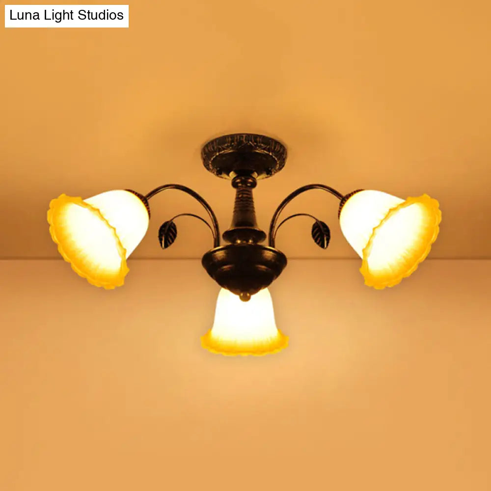 Bronze Countryside Blossom Ceiling Mount Light Fixture With Frosted Glass For Bedroom - 3/5 Lights