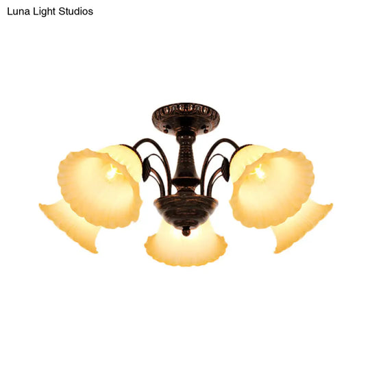 Bronze Countryside Blossom Ceiling Mount Light Fixture With Frosted Glass For Bedroom - 3/5 Lights