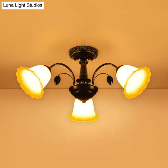 Bronze Countryside Blossom Ceiling Mount Light Fixture With Frosted Glass For Bedroom - 3/5 Lights