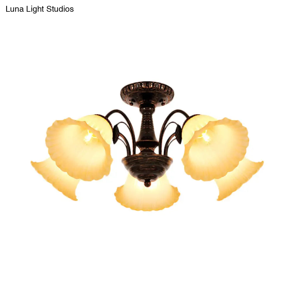 Bronze Countryside Blossom Ceiling Mount Light Fixture With Frosted Glass For Bedroom - 3/5 Lights