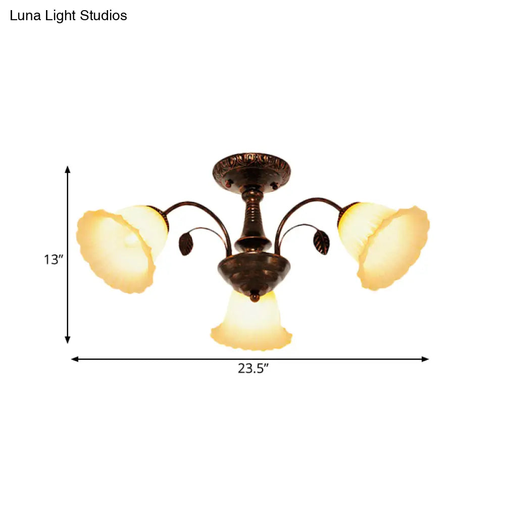 Bronze Countryside Blossom Ceiling Mount Light Fixture With Frosted Glass For Bedroom - 3/5 Lights
