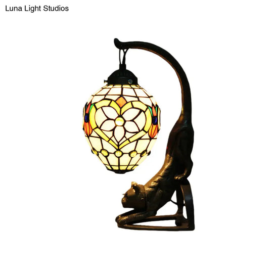 Bronze Finish Tiffany Style Hand Cut Glass Cat Nightstand Lamp With Flower Pattern