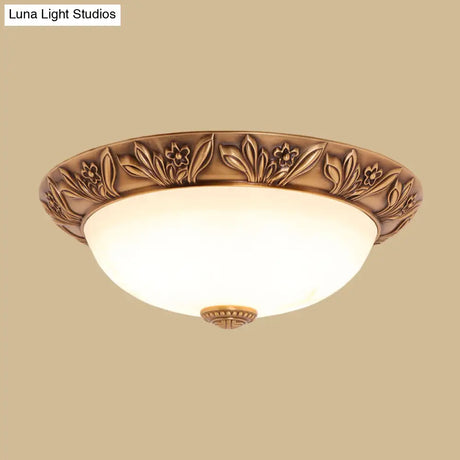 Bronze Flush Mount Light With Cream Glass Bowl And Floral Trim Traditional Led Ceiling Fixture -