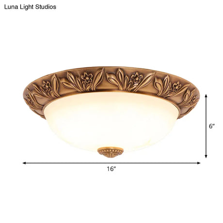 Bronze Flush Mount Light With Cream Glass Bowl And Floral Trim Traditional Led Ceiling Fixture -