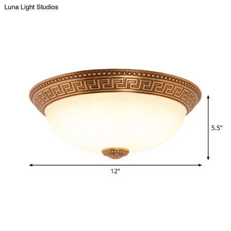 Bronze Flush Mount Light With Cream Glass Bowl And Floral Trim Traditional Led Ceiling Fixture -