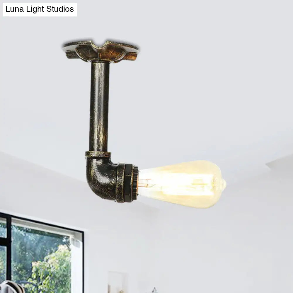 Bronze Rustic Water Pipe Semi Flushmount Ceiling Fixture - 1 - Head Metallic Mount