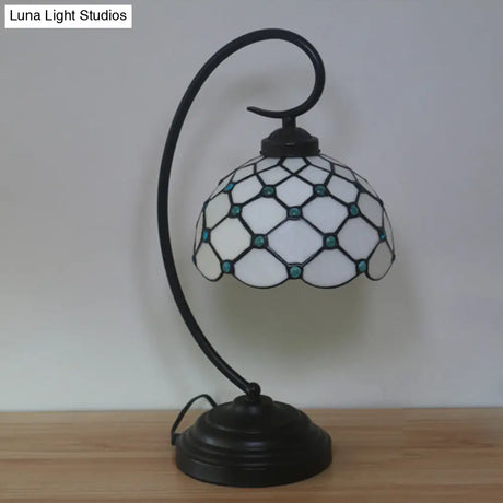 Bronze Tiffany Night Table Lamp With Beaded Patterned Shade - Swirl Arm Beige/White Glass