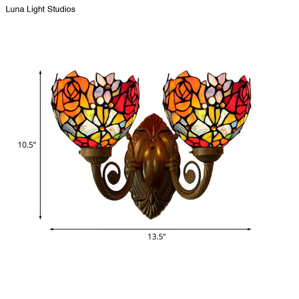 Bronze Tiffany Rose Stained Glass Wall Sconce With Bowl Shade - 2-Light Lamp