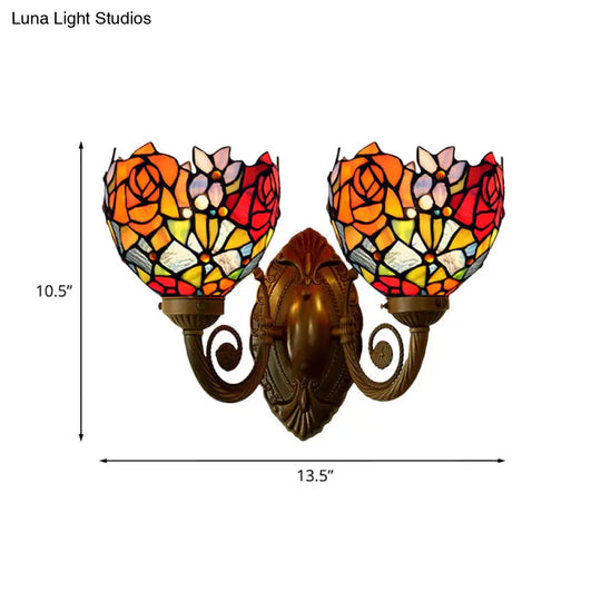 Bronze Tiffany Rose Stained Glass Wall Sconce With Bowl Shade - 2-Light Lamp