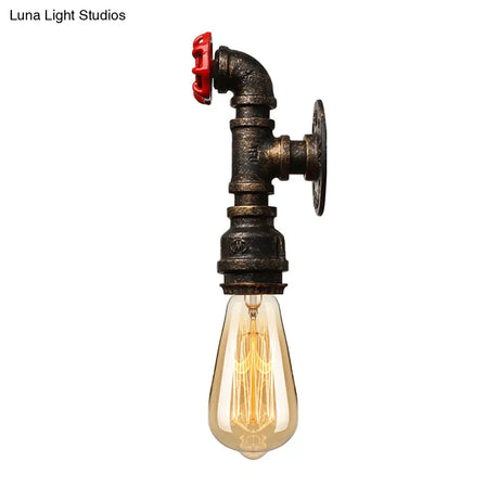 Bronze Water Pipe Wall Sconce Light: Farmhouse Style With Red Valve