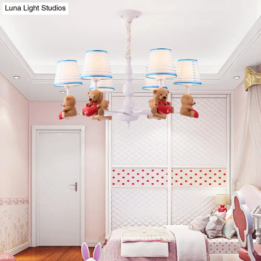 Brown Cartoon Tapered Shade Ceiling Light For Living Room - Fabric Chandelier Fixture