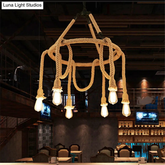 Brown Circle Ceiling Suspension Lamp - Lodge Roped 6/8-Light Chandelier With Naked Bulb Design For