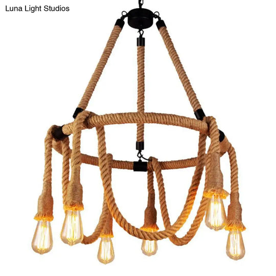 Brown Circle Ceiling Suspension Lamp - Lodge Roped 6/8-Light Chandelier With Naked Bulb Design For