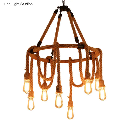 Brown Circle Ceiling Suspension Lamp - Lodge Style 6/8 Lights Restaurant Chandelier With Naked Bulb