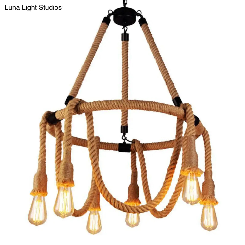 Brown Circle Ceiling Suspension Lamp - Lodge Style 6/8 Lights Restaurant Chandelier With Naked Bulb