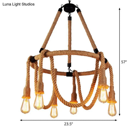 Brown Circle Ceiling Suspension Lamp - Lodge Style 6/8 Lights Restaurant Chandelier With Naked Bulb