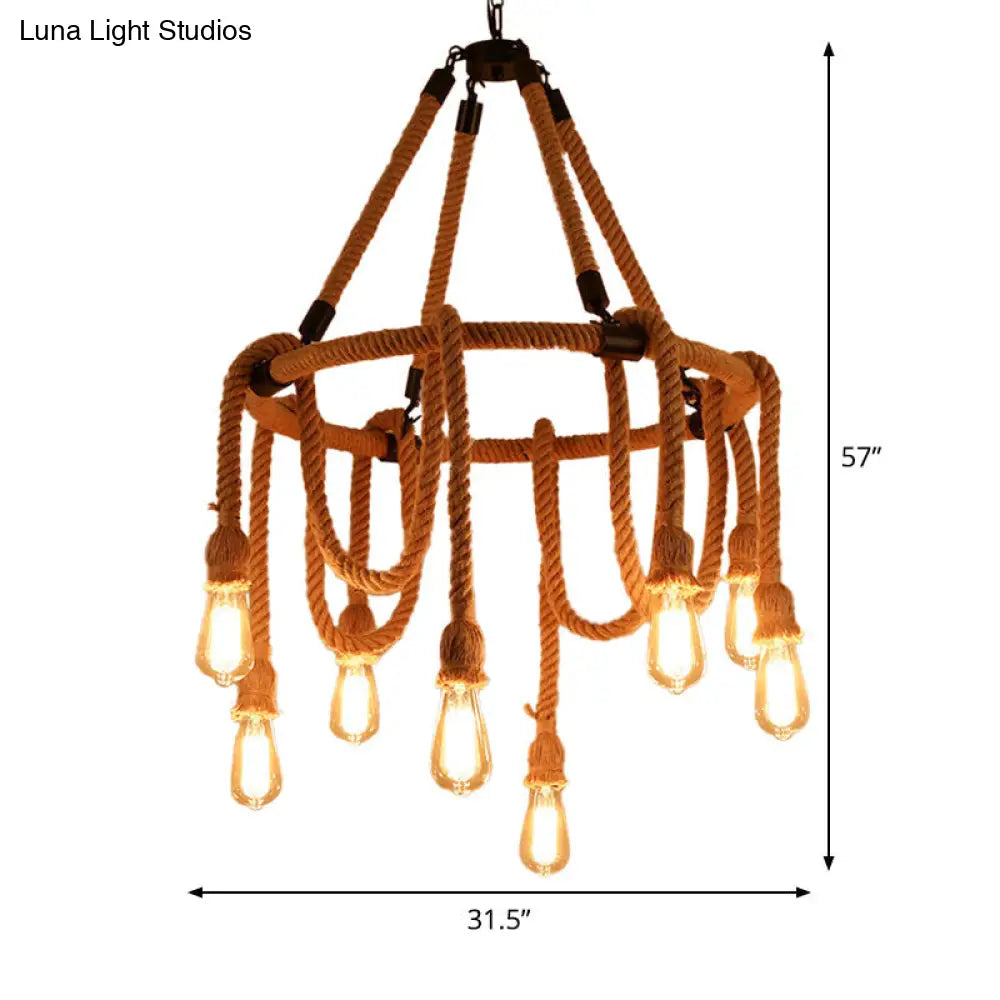 Brown Circle Ceiling Suspension Lamp - Lodge Roped 6/8-Light Chandelier With Naked Bulb Design For
