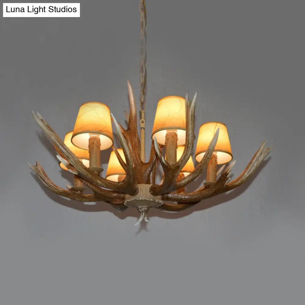 Brown Resin Branch Chandelier With Fabric Cone Shade - Traditional Pendant Light (4/6/8 Bulbs)