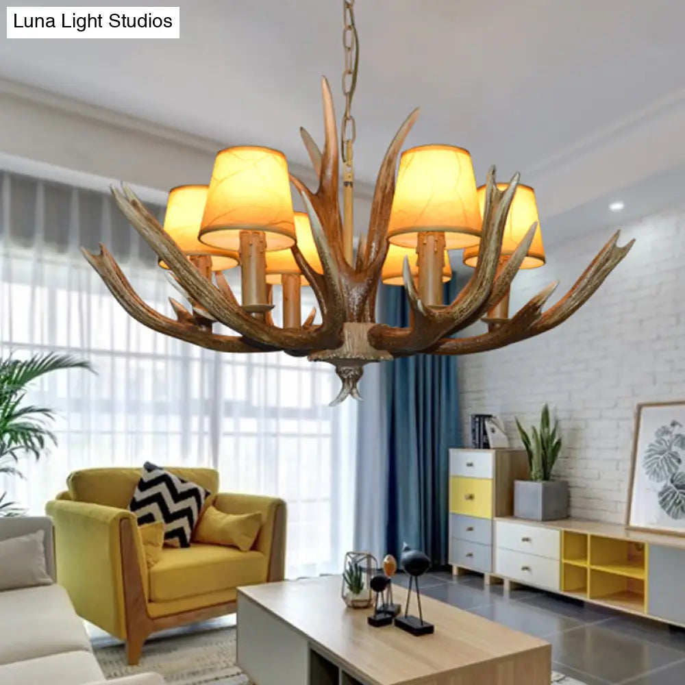Brown Resin Branch Chandelier With Fabric Cone Shade - Traditional Pendant Light (4/6/8 Bulbs)