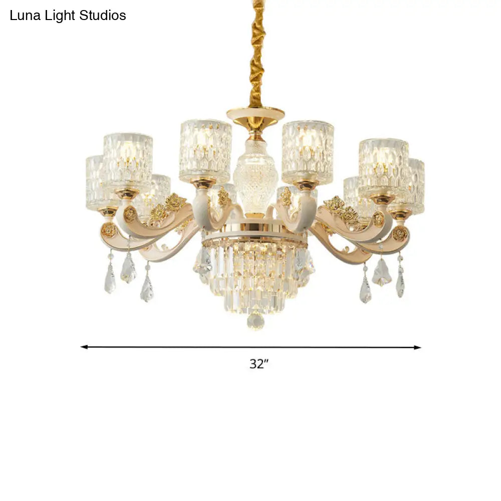 Postmodern 10 Head Dimpled Glass Pendant Light Kit In Brushed Brass