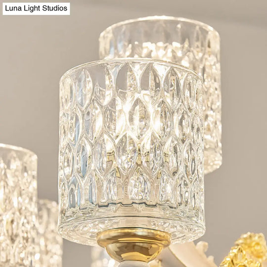Brushed Brass Pendant Light Kit - Postmodern Glass Cylinder Design With 10 Dimpled Heads