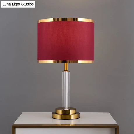 Burgundy/Beige Crystal Table Lamp With Traditional Fabric Shade - Elegant Circular Design
