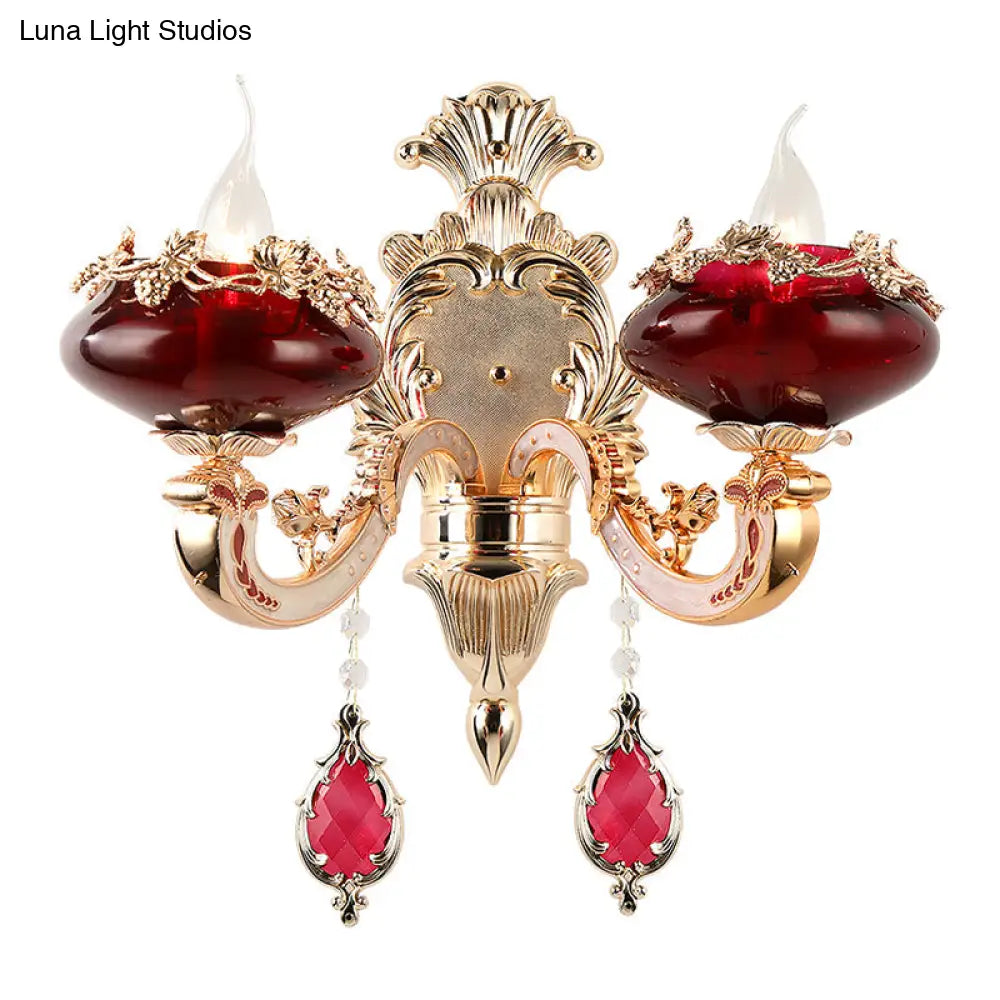 Burgundy Glass Sconce Lighting Fixture With Retro Flameless Candle Design For Dining Room