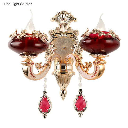 Burgundy Glass Sconce Lighting Fixture With Retro Flameless Candle Design For Dining Room