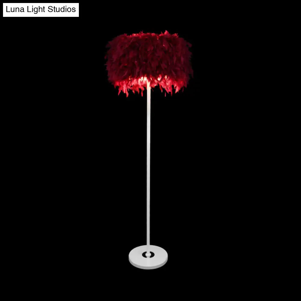 Burgundy/Purple/Pink Drum Floor Lamp - Minimalistic Feather Standing Light For Living Room