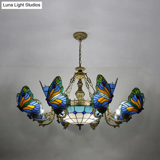 Dome Chandelier Lamp - White/Clear/Beige With Butterfly Stained Glass Tiffany Indoor Hanging Light